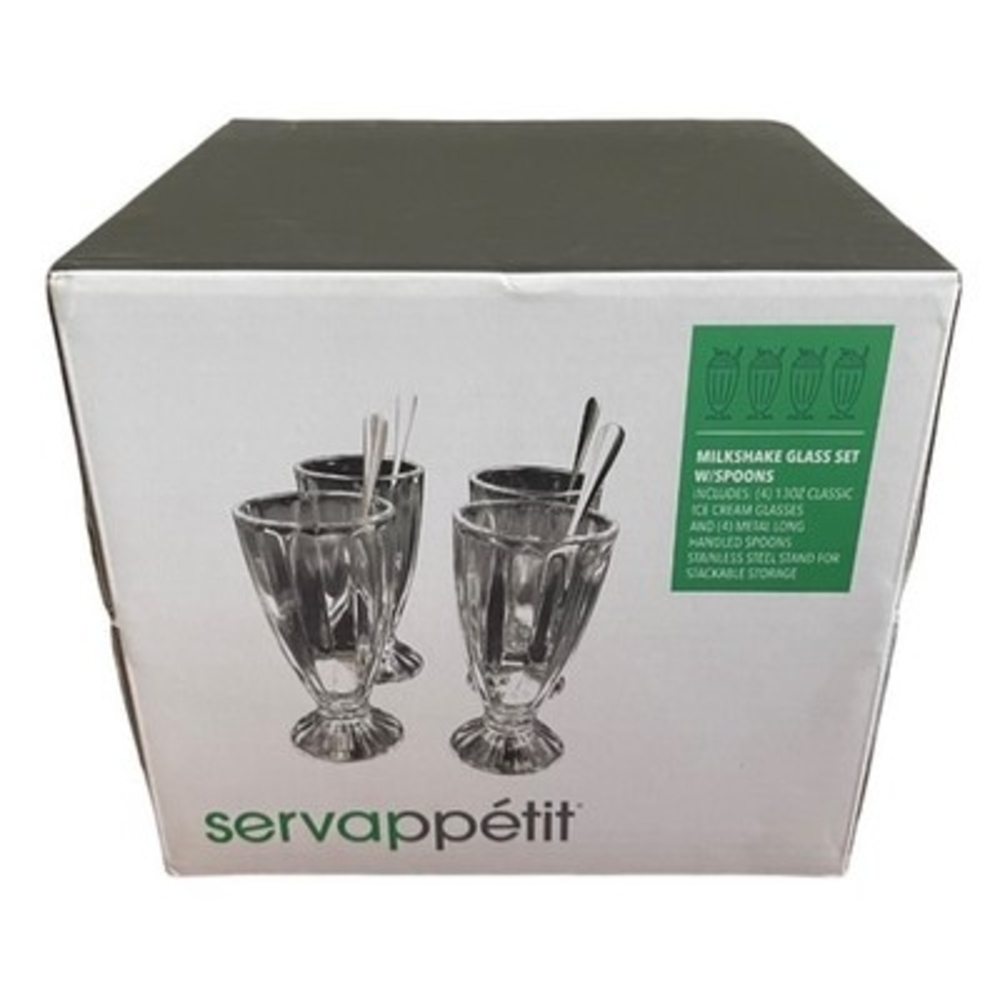 SERVAPPETIT 4x Milkshake Glasses Set 13oz w/ Long Steel Spoons New in Box
